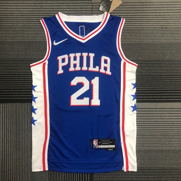NBA Men 75th Anniversary Season 2022 Philadelphia 76ers Blue V-neck  #21 EMBIID Jersey High Quality Name and Number Print