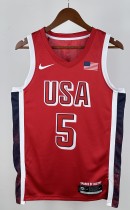NBA Men Paris Olimpics 2024 USA National Red #5 EDWARDS Jersey High Quality Name and Number Print