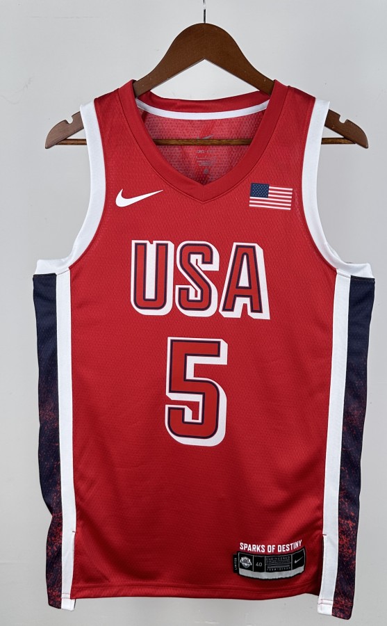 NBA Men Paris Olimpics 2024 USA National Red #5 EDWARDS Jersey High Quality Name and Number Print