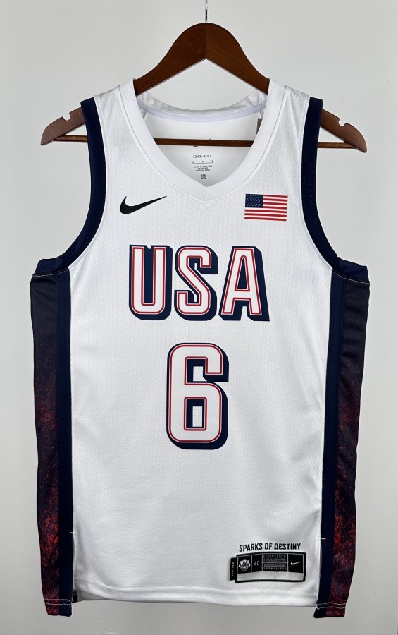 NBA Men Paris Olimpics 2024 USA National White #6 JAMES Jersey High Quality Name and Number Print