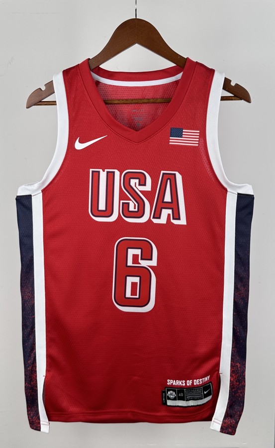 NBA Men Paris Olimpics 2024 USA National Red #6 JAMES Jersey High Quality Name and Number Print