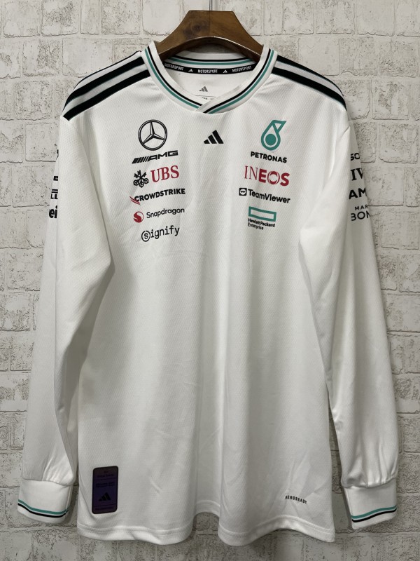 2025 Mercedes F1 Team Round Collar POLO Long Sleeve White T-Shirt