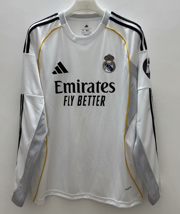 25/26 Real Madrid Home Jersey Long Sleeve 1:1 Quality Fan Version