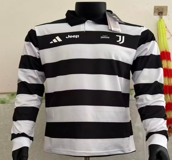 26/27 Juventus White with Black Jersey With Sponsors Long Sleeve Fans Version 1:1 Quality