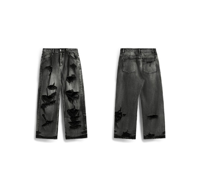 Men Women Ripped Wide-leg Jeans Straight Leg Jeans Bottoms Trousers Outfits Casual Jeans