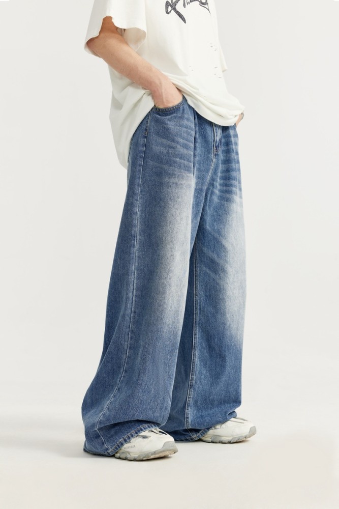 Men Women Mid High Waisted Washed Wide-leg Jeans Straight Leg Jeans Bottoms Trousers Outfits Casual Jeans