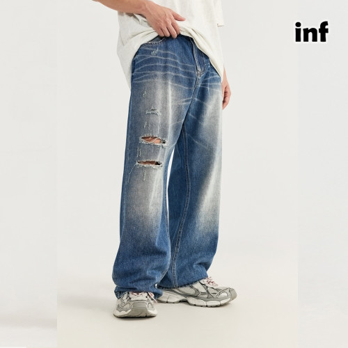 Men Women Ripped Wide-leg Jeans Straight Leg Jeans Bottoms Trousers Outfits Casual Jeans