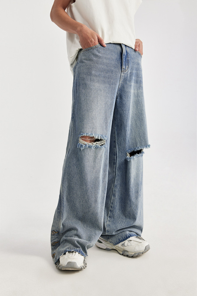 Men Women Ripped Washed Wide-leg Jeans Bottoms Trousers Outfits Casual Jeans