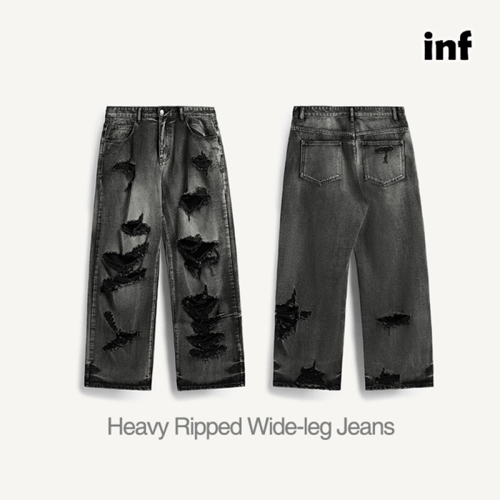 Men Women Ripped Wide-leg Jeans Straight Leg Jeans Bottoms Trousers Outfits Casual Jeans