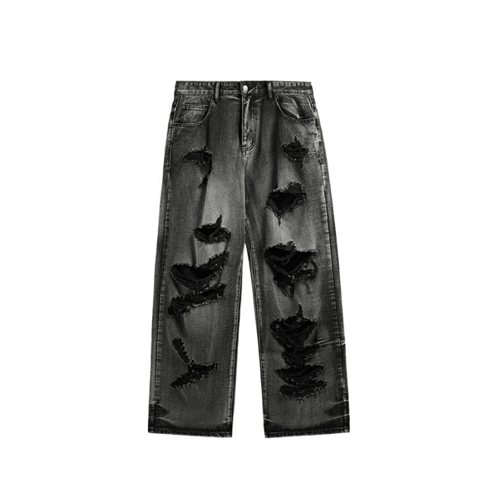 Men Women Ripped Wide-leg Jeans Straight Leg Jeans Bottoms Trousers Outfits Casual Jeans