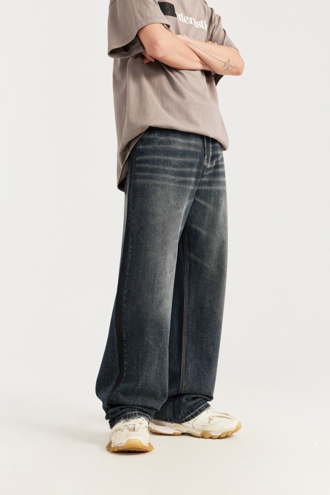 Men Women Vintage Brushed Wide-leg Jeans Straight Leg Jeans Bottoms Trousers Outfits Casual Jeans