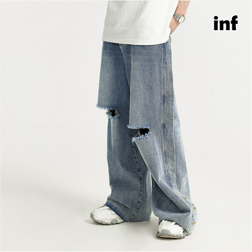Men Women Ripped Washed Wide-leg Jeans Bottoms Trousers Outfits Casual Jeans