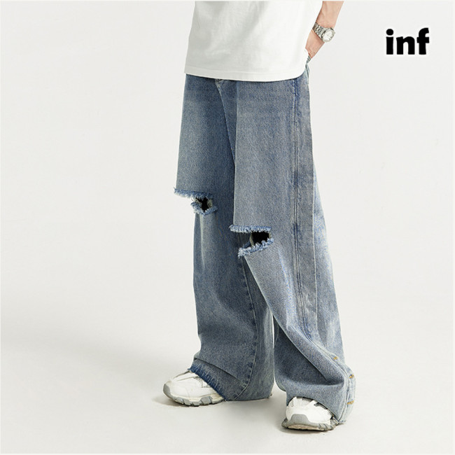 Men Women Ripped Washed Wide-leg Jeans Bottoms Trousers Outfits Casual Jeans