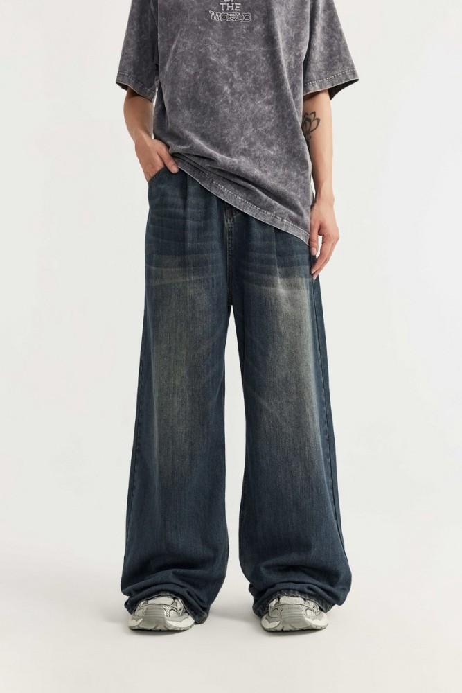 Men Women Mid High Waisted Washed Wide-leg Jeans Straight Leg Jeans Bottoms Trousers Outfits Casual Jeans