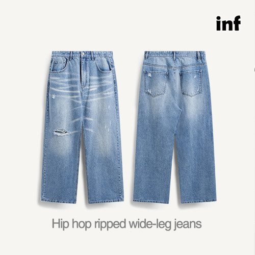 Men Women Hip Hop Ripped Wide-leg Jeans Straight Leg Jeans Bottoms Trousers Outfits Casual Jeans