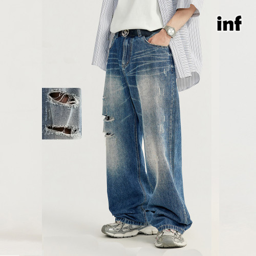 Men Women Ripped Wide-leg Jeans Straight Leg Jeans Bottoms Trousers Outfits Casual Jeans