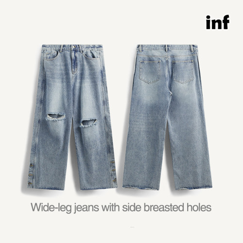 Men Women Ripped Washed Wide-leg Jeans Bottoms Trousers Outfits Casual Jeans