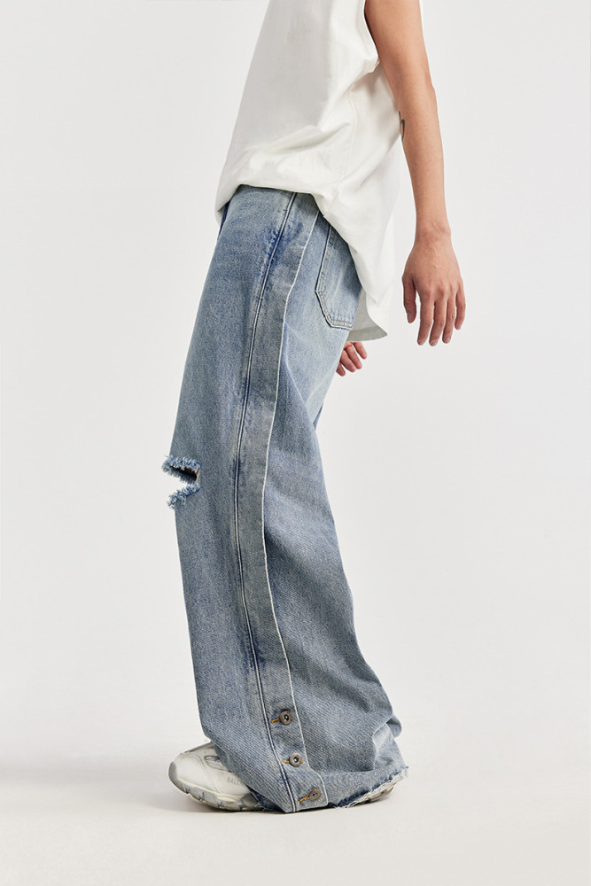 Men Women Ripped Washed Wide-leg Jeans Bottoms Trousers Outfits Casual Jeans
