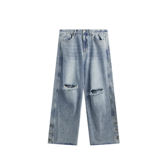 Men Women Ripped Washed Wide-leg Jeans Bottoms Trousers Outfits Casual Jeans