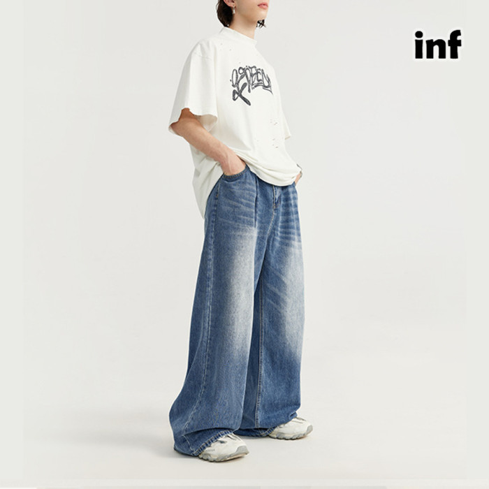 Men Women Mid High Waisted Washed Wide-leg Jeans Straight Leg Jeans Bottoms Trousers Outfits Casual Jeans