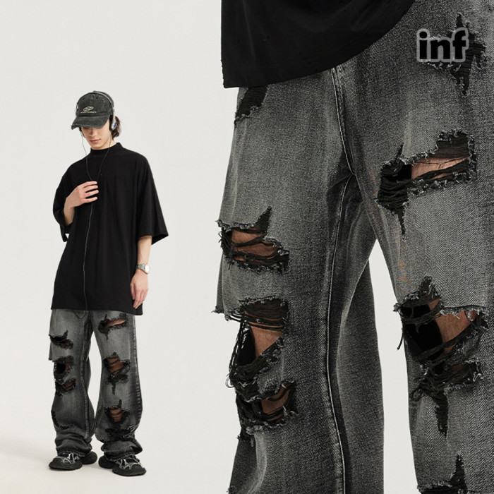 Men Women Ripped Wide-leg Jeans Straight Leg Jeans Bottoms Trousers Outfits Casual Jeans