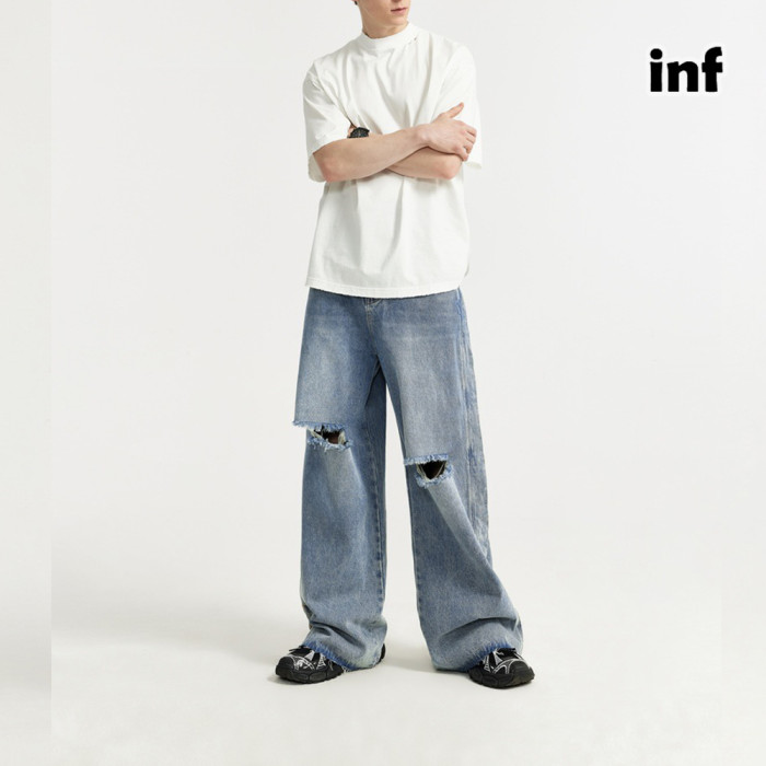 Men Women Ripped Washed Wide-leg Jeans Bottoms Trousers Outfits Casual Jeans