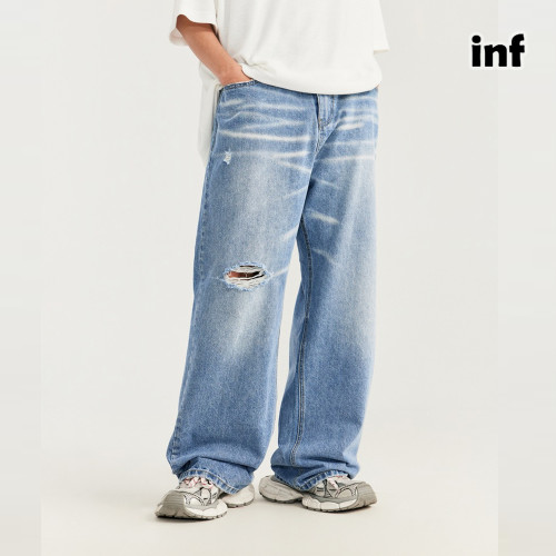 Men Women Hip Hop Ripped Wide-leg Jeans Straight Leg Jeans Bottoms Trousers Outfits Casual Jeans
