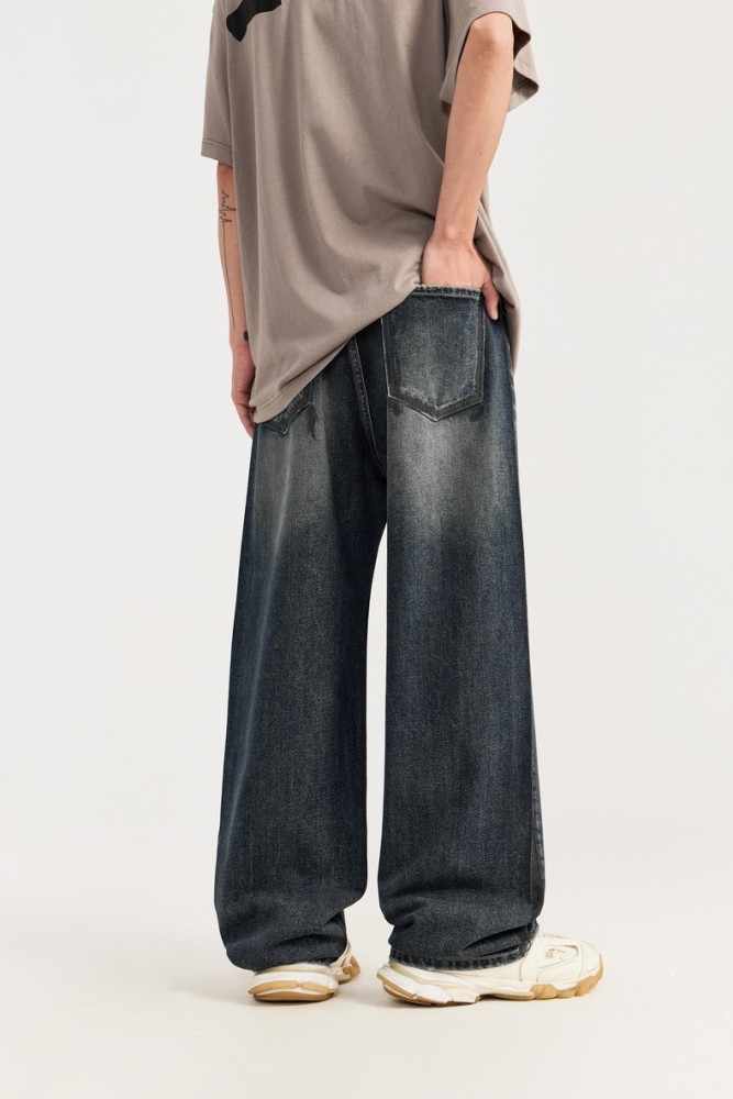 Men Women Vintage Brushed Wide-leg Jeans Straight Leg Jeans Bottoms Trousers Outfits Casual Jeans