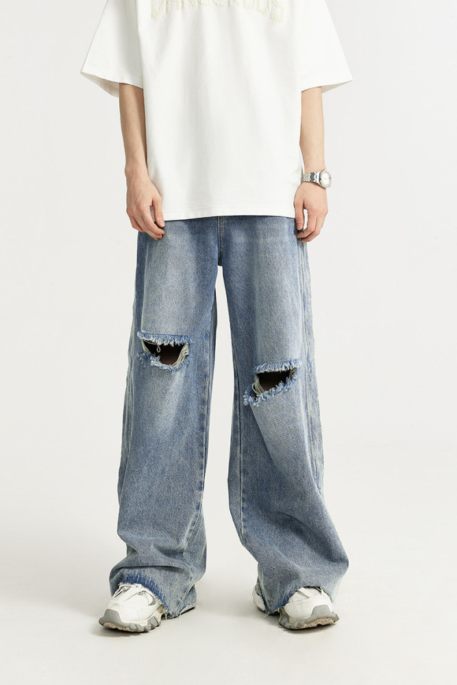 Men Women Ripped Washed Wide-leg Jeans Bottoms Trousers Outfits Casual Jeans