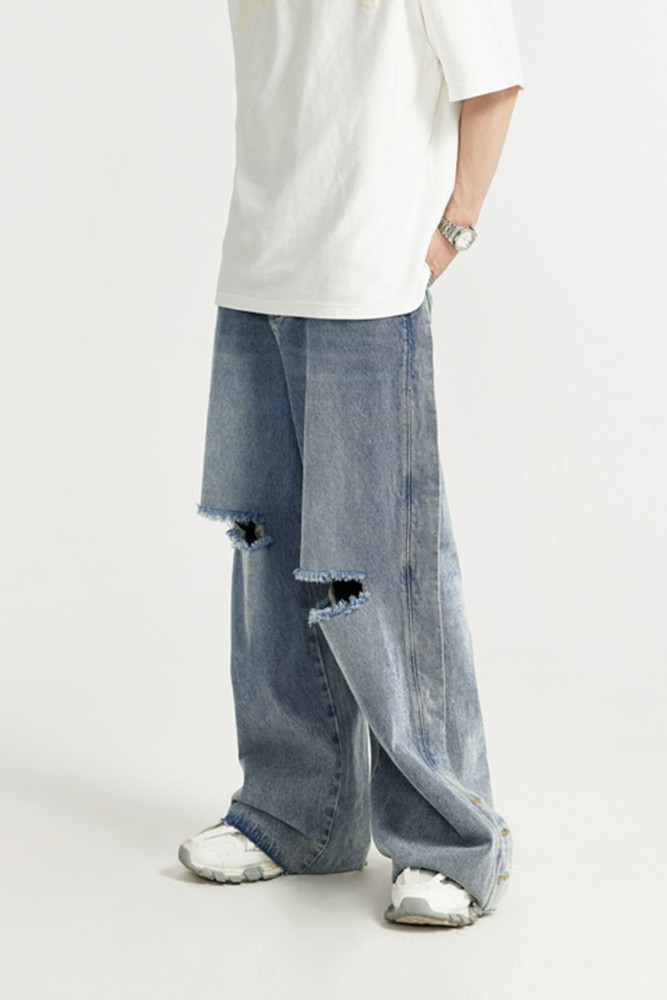 Men Women Ripped Washed Wide-leg Jeans Bottoms Trousers Outfits Casual Jeans