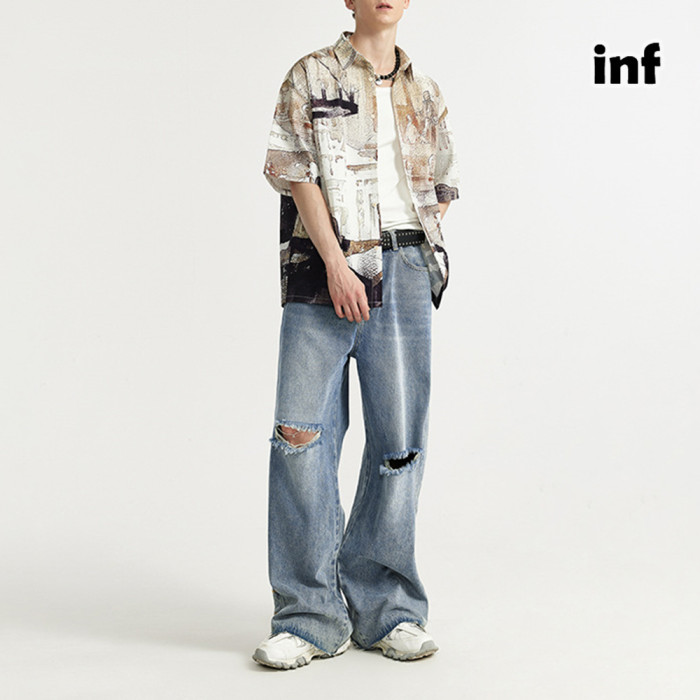 Men Women Ripped Washed Wide-leg Jeans Bottoms Trousers Outfits Casual Jeans