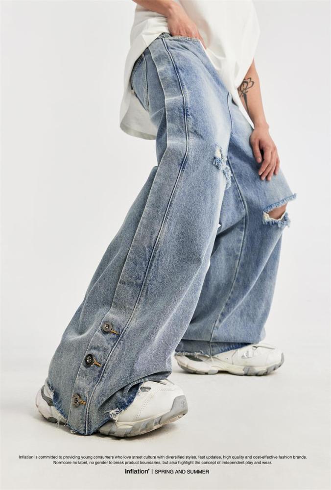 Men Women Ripped Washed Wide-leg Jeans Bottoms Trousers Outfits Casual Jeans