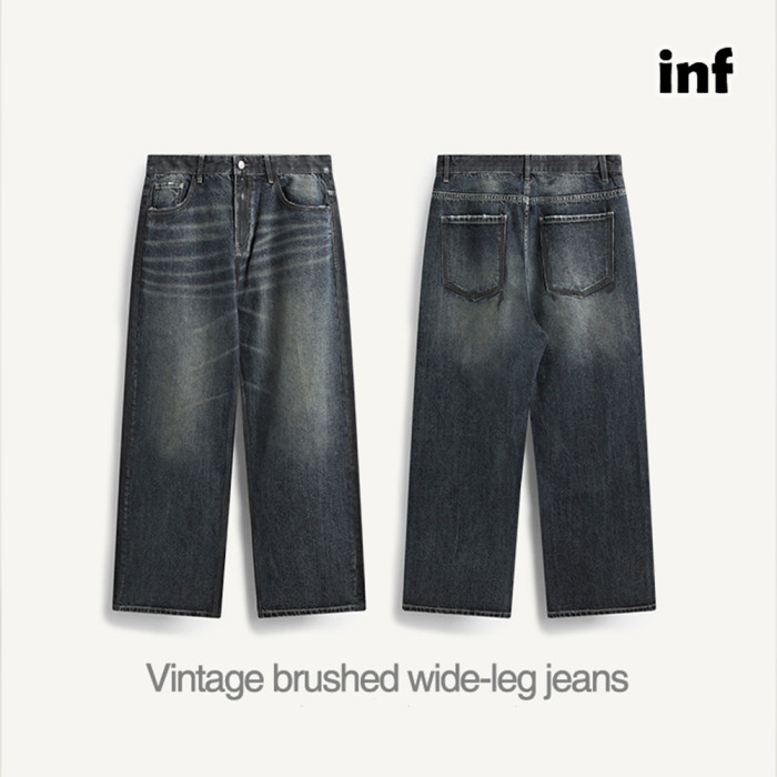 Men Women Vintage Brushed Wide-leg Jeans Straight Leg Jeans Bottoms Trousers Outfits Casual Jeans