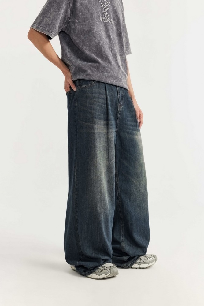 Men Women Mid High Waisted Washed Wide-leg Jeans Straight Leg Jeans Bottoms Trousers Outfits Casual Jeans