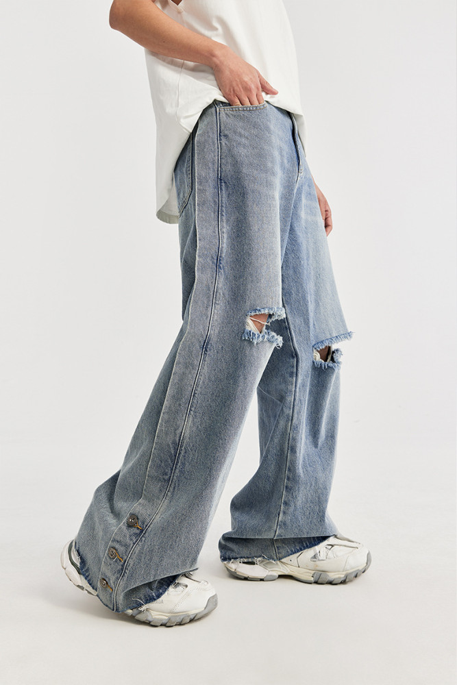 Men Women Ripped Washed Wide-leg Jeans Bottoms Trousers Outfits Casual Jeans