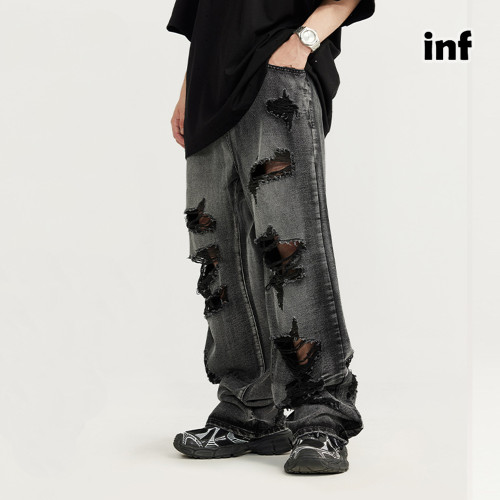 Men Women Ripped Wide-leg Jeans Straight Leg Jeans Bottoms Trousers Outfits Casual Jeans
