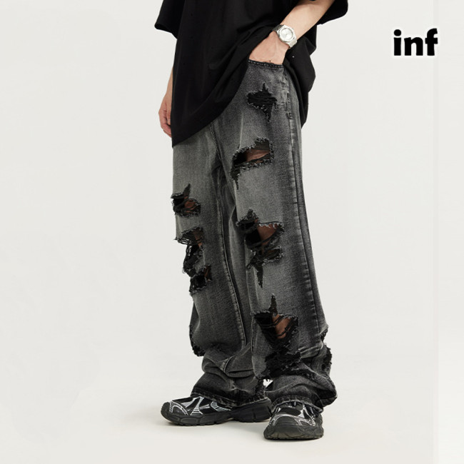 Men Women Ripped Wide-leg Jeans Straight Leg Jeans Bottoms Trousers Outfits Casual Jeans