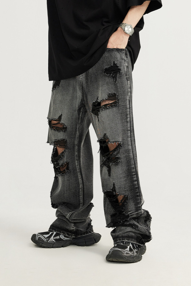 Men Women Ripped Wide-leg Jeans Straight Leg Jeans Bottoms Trousers Outfits Casual Jeans