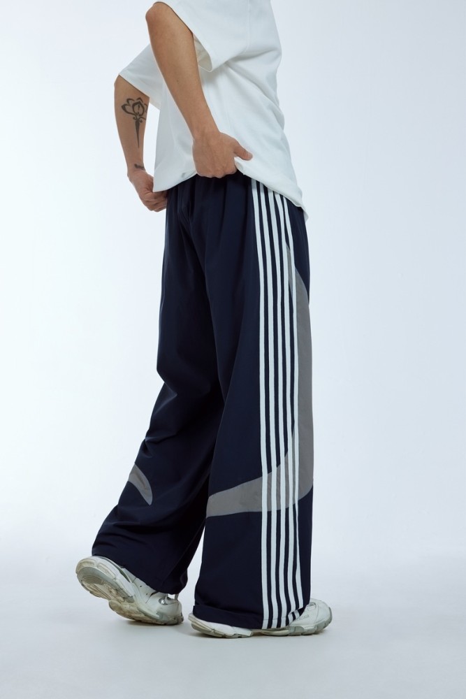 Men Women Retro Sports Splicing Strips Wide Leg Pants Trousers Loose pants Wide-leg Pants Casual Pants