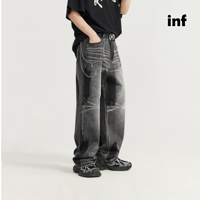 Men Women Hip Hop Wiped Color Wide-leg Jeans Bottoms Pants Trousers Outfits Casual Jeans