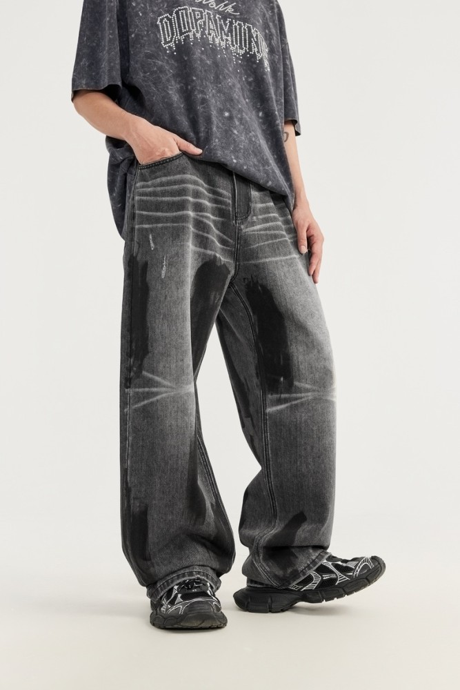 Men Women Hip Hop Wiped Color Wide-leg Jeans Bottoms Pants Trousers Outfits Casual Jeans