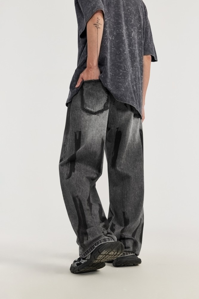 Men Women Hip Hop Wiped Color Wide-leg Jeans Bottoms Pants Trousers Outfits Casual Jeans