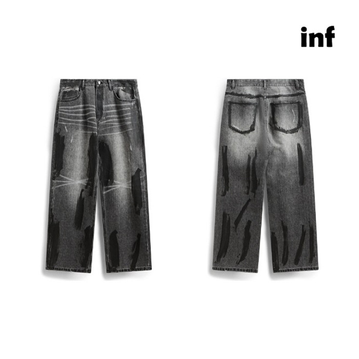 Men Women Hip Hop Wiped Color Wide-leg Jeans Bottoms Pants Trousers Outfits Casual Jeans