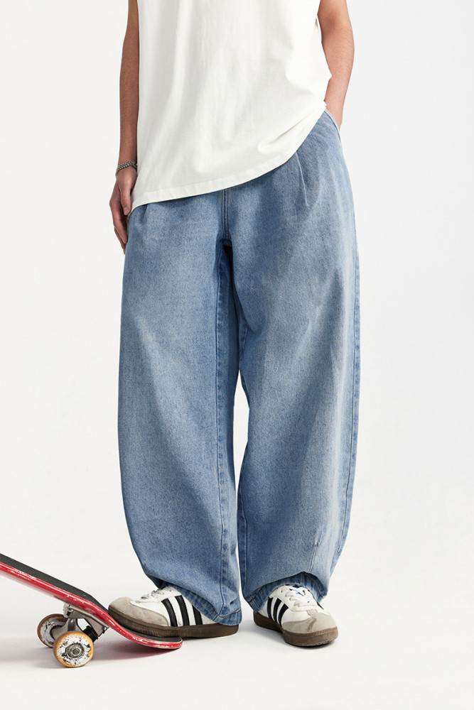 Men Women Pleated Wash Jeans Wide-leg Jeans Bottoms Trousers Outfits Casual Jeans