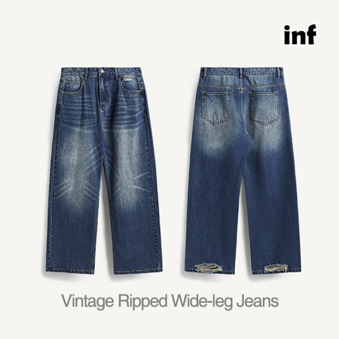 Men Women Vintage Ripped Wide-leg Jeans Bottoms Pants Trousers Outfits Casual Jeans