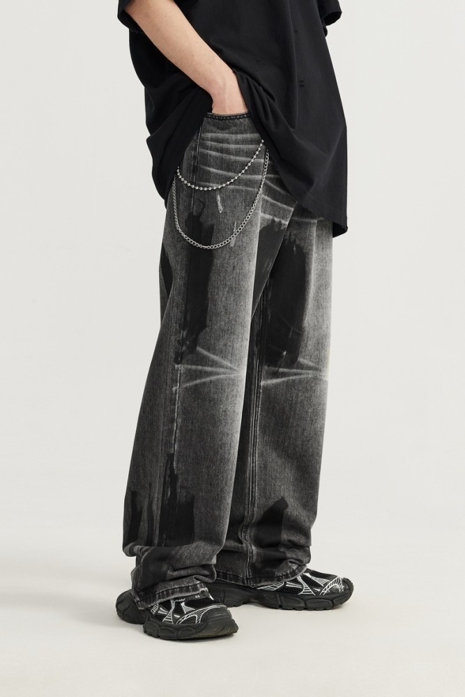 Men Women Hip Hop Wiped Color Wide-leg Jeans Bottoms Pants Trousers Outfits Casual Jeans
