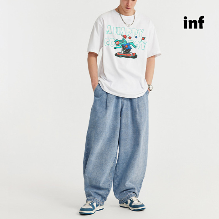 Men Women Pleated Wash Jeans Wide-leg Jeans Bottoms Trousers Outfits Casual Jeans