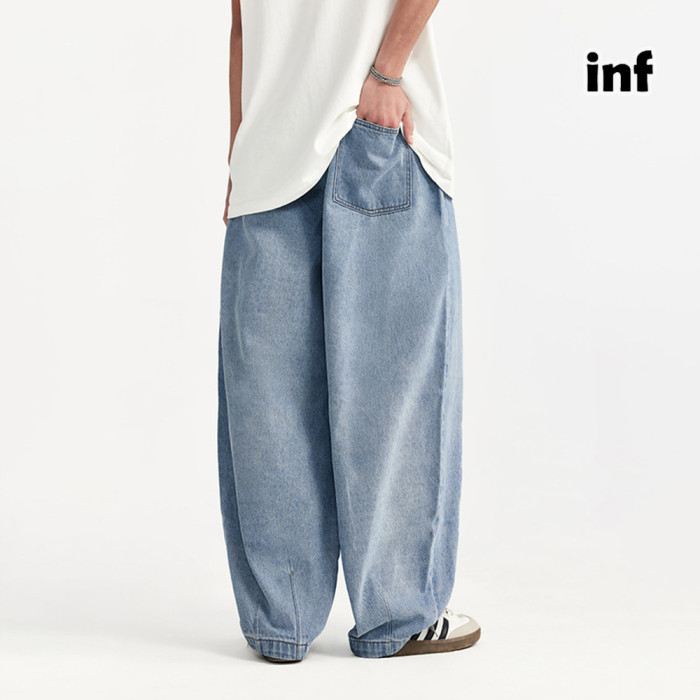 Men Women Pleated Wash Jeans Wide-leg Jeans Bottoms Trousers Outfits Casual Jeans