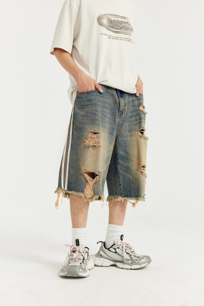 Men Boys Hip Hop Parquet Jean Shorts Denim Shorts Streetwear Bottoms Half Pants Sweatsuit Casual Shorts Unisex Pants