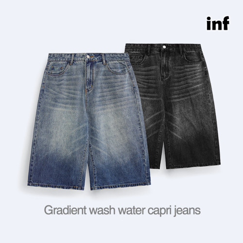 Men Boys Gradient Wash Water Capri Jeans Denim Shorts Streetwear Bottoms Half Pants Sweatsuit Casual Shorts Unisex Pants